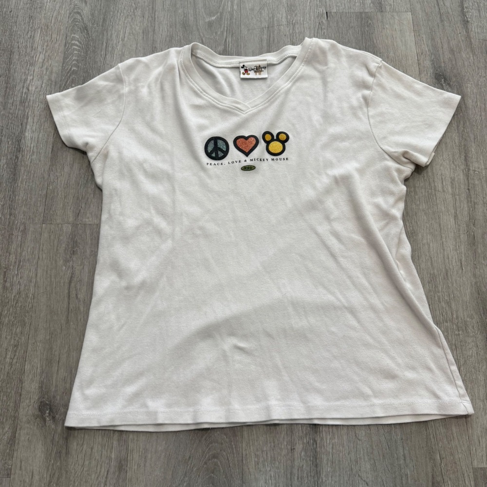 Vintage Walt Disney World Peace Love Mickey Mouse White V-Neck Shirt Womens L